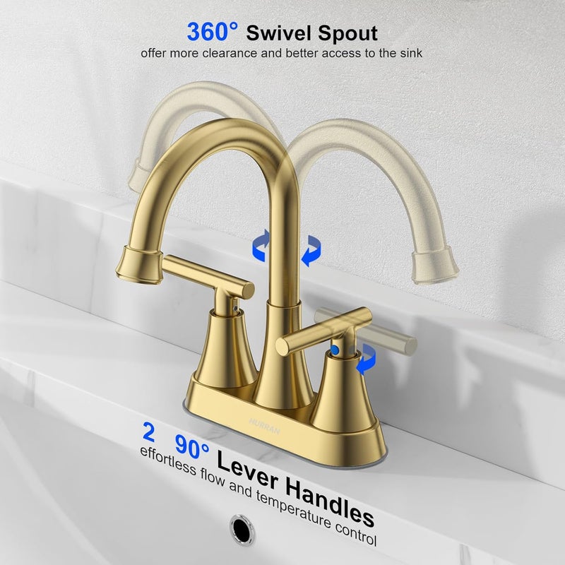 Hurran Bathroom Faucets for Sink 3 Hole, 4 inch Brushed Gold Bathroom Sink Faucet with Pop-up Drain and Supply Hoses, Stainless Steel Lead-Free Centerset Faucet for Vanity RV, 2 Pack - Image 5
